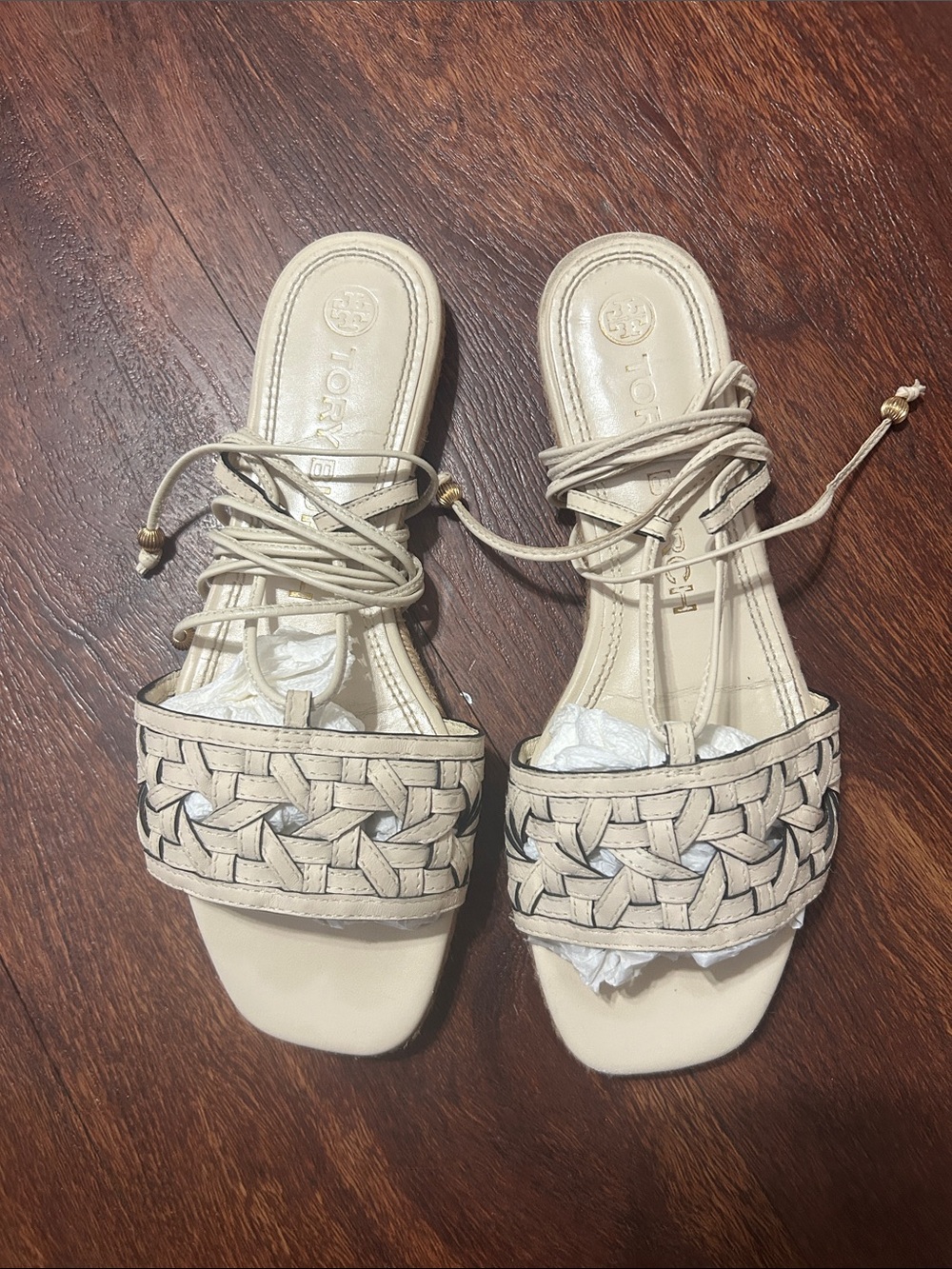 Tory Burch Woven Leather Lace-Up Sandals in Beige